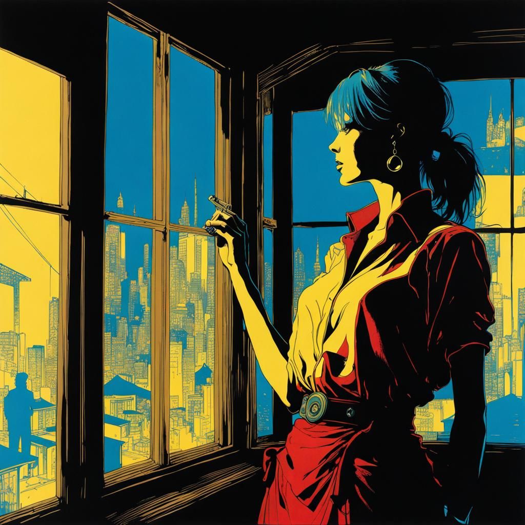 Cyberpunk Silhouette Watches Neighbors in Sepia and Neon