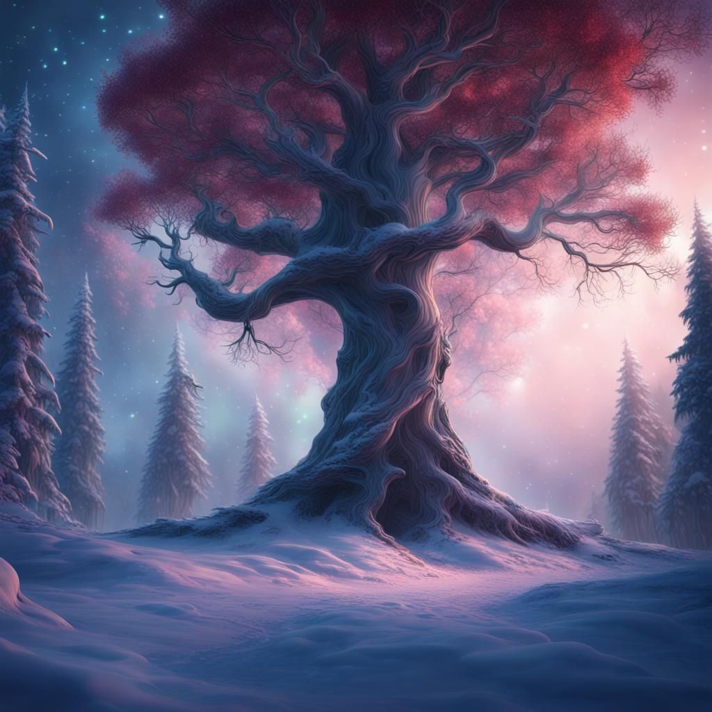 Fairy in Winter Forest with Aurora Borealis