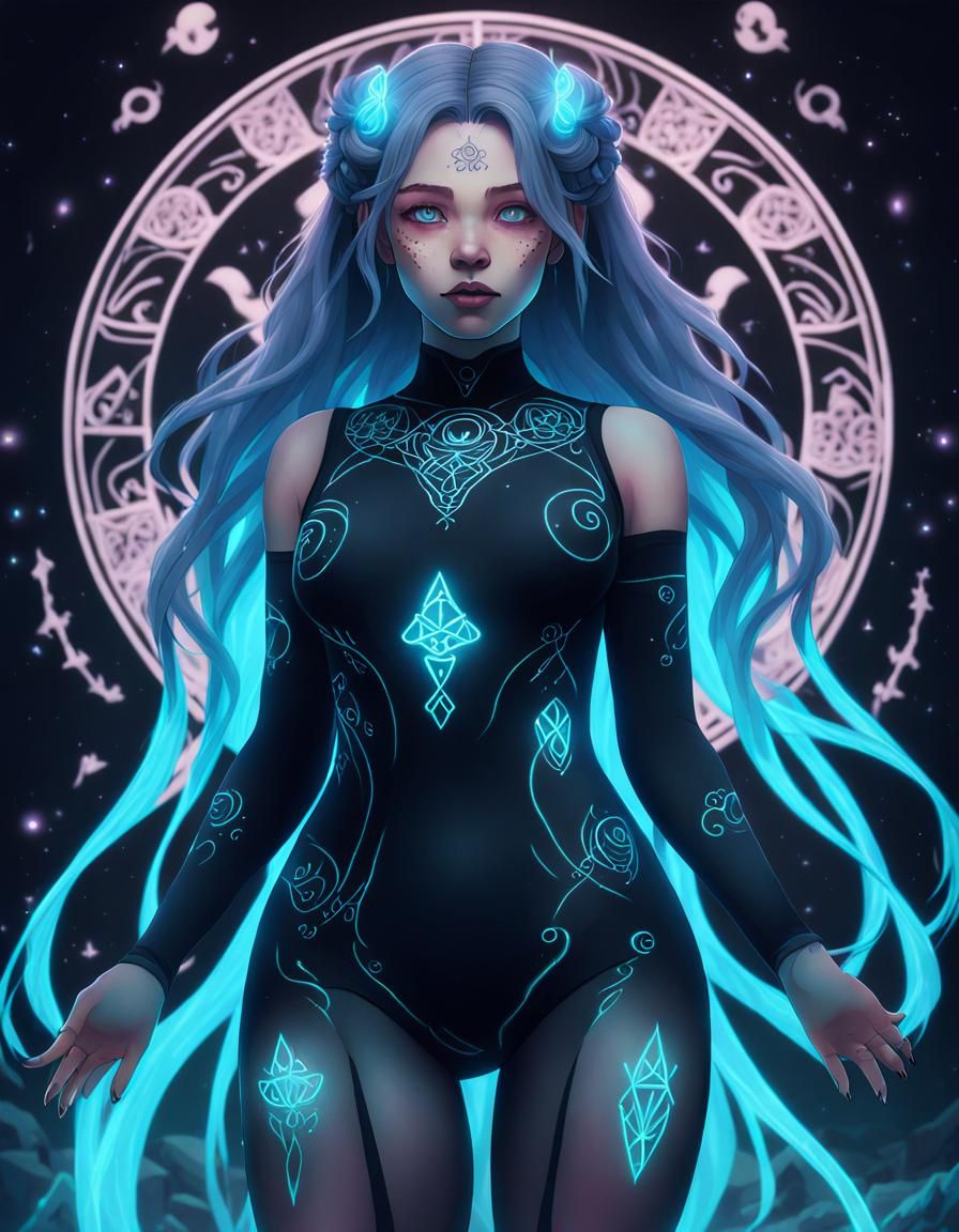 Bioluminescent Nordic Waifu with Rune Tattoos in Anime Style