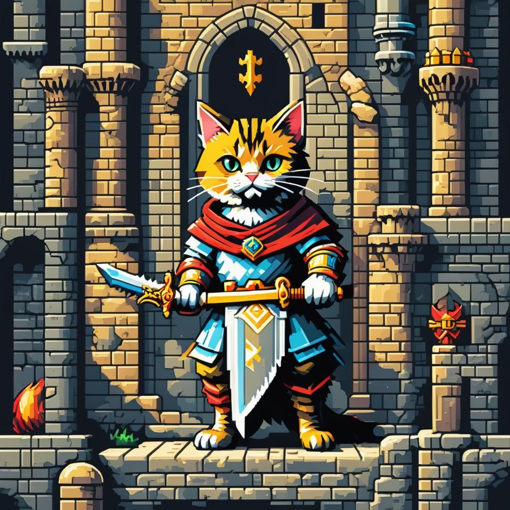 Pixel art cat with a sword securing a castles entry