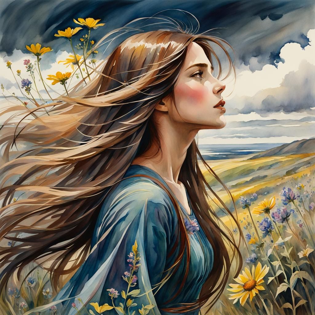 Woman in Wildflowers, Watercolor in Waterhouse Style