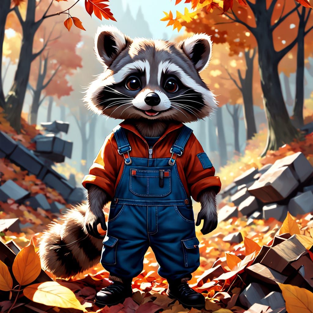 Cute Raccoon in Overalls Amidst Autumn Leaves