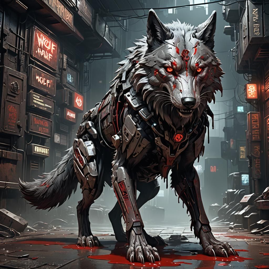 Cyberpunk Biomechanical Wolf Fantasy Art
