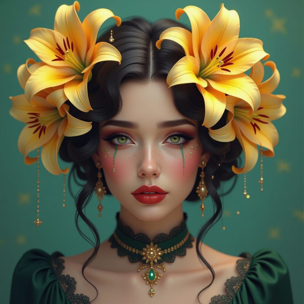 Fashionable Lady with Stargazer Lilies in Hair, Weeping