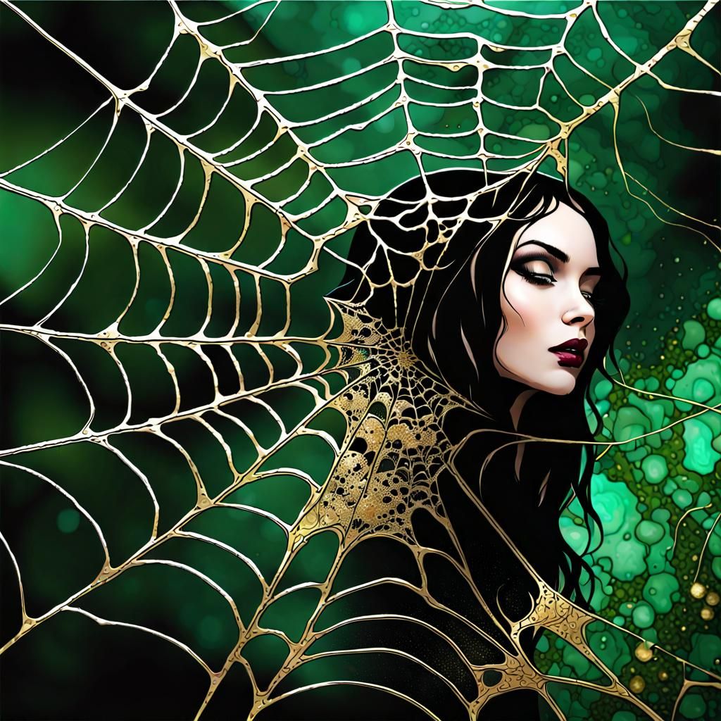 Gothic Girl in Spiderweb on Malachite and Gold Marble