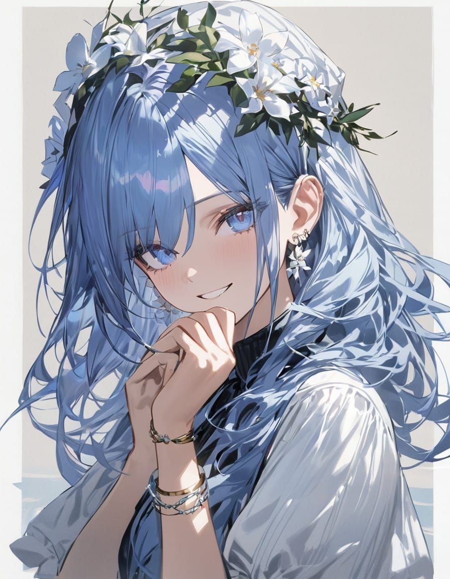 Beneath Blue Border, A Young Girl Smiles