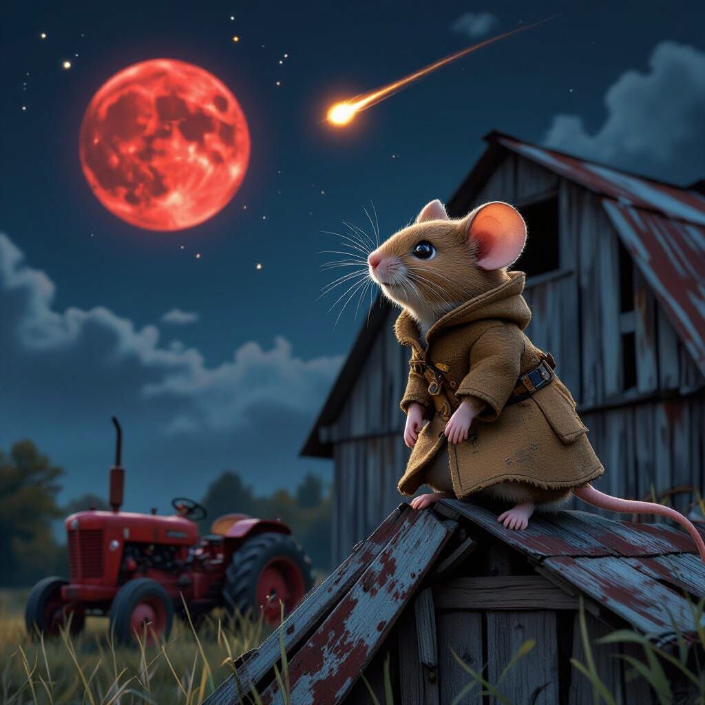 Mouse Gazing at Blood Moon in Anime Style