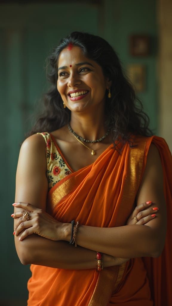 Confident Indian Woman in Saree: Cinematic Portrait