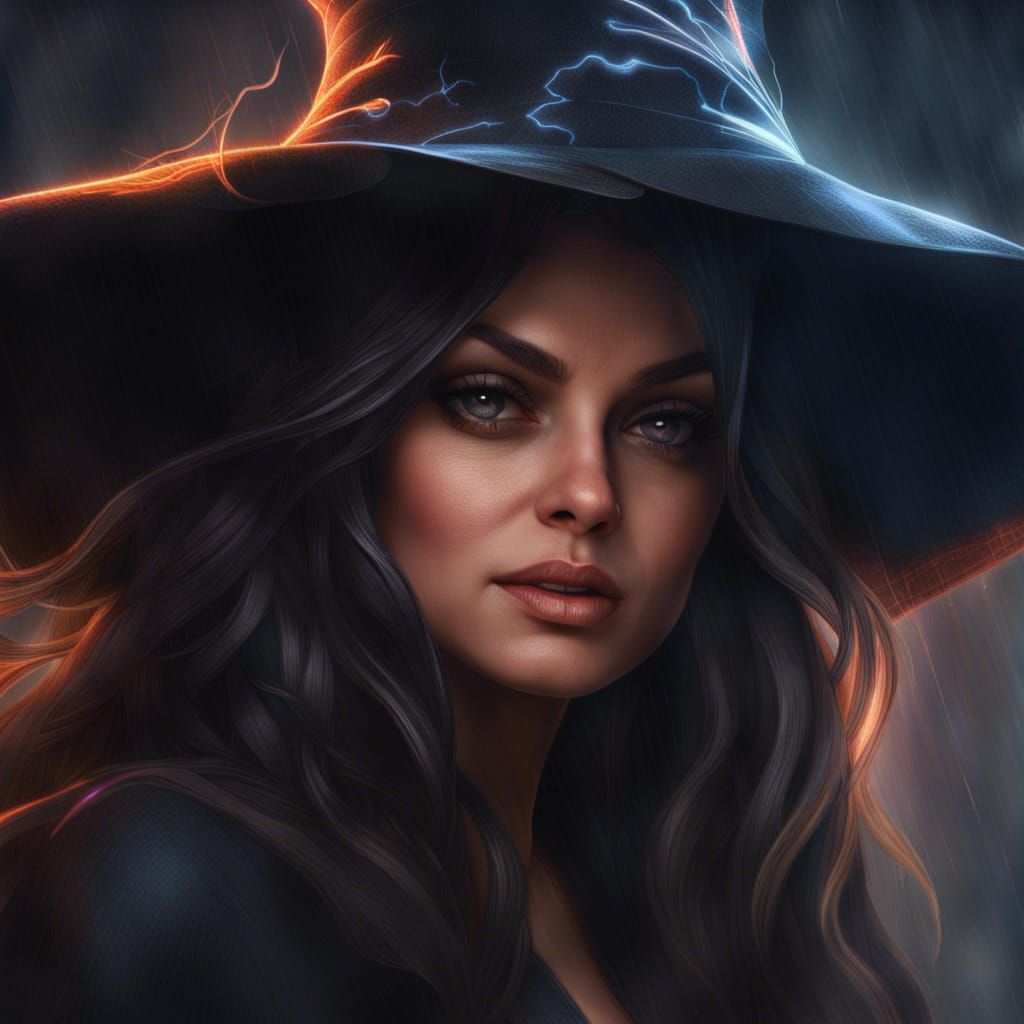 Mila Kunis as a Witch in a Storm, Hyperdetailed Art