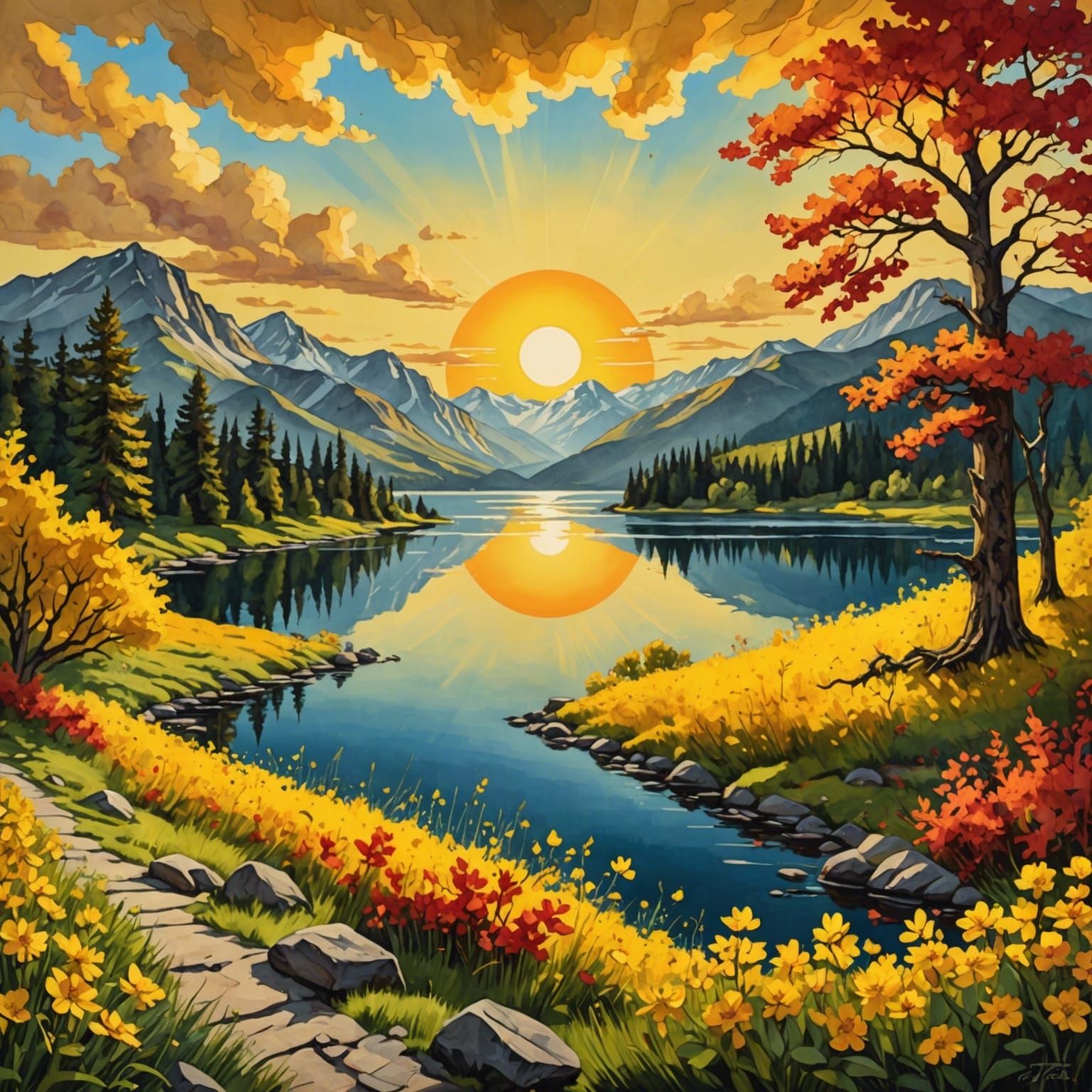 Vibrant Lake Landscape Painting with Yellow Flowers