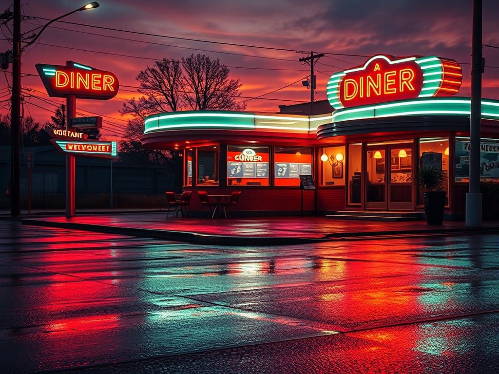 Retro-Futuristic Diner Scene at Sunset