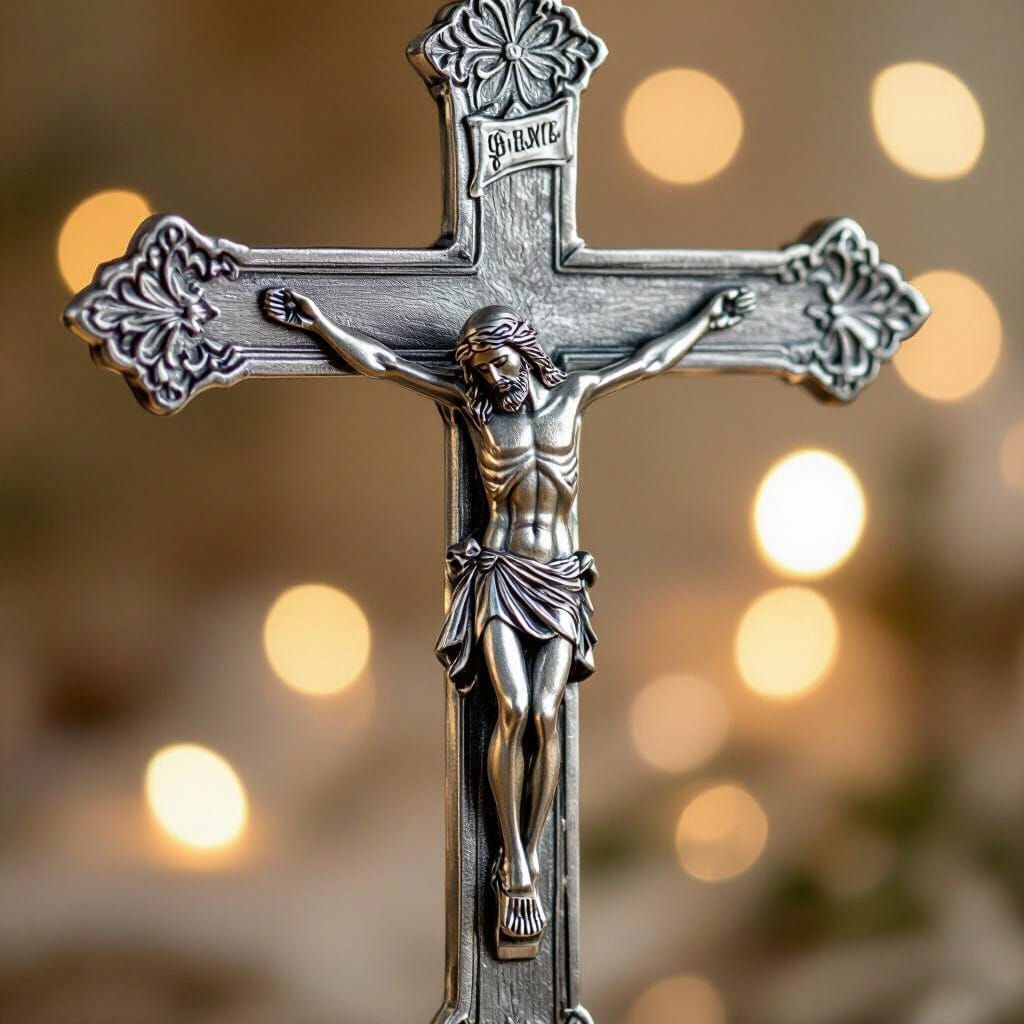 Antique Silver Aluminum Crucifix with Jesus Statue