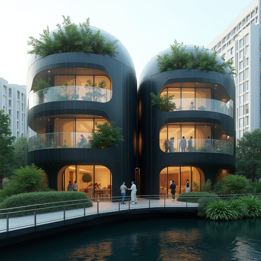 Futuristic Organic Twin Buildings in Modern Urban Oasis