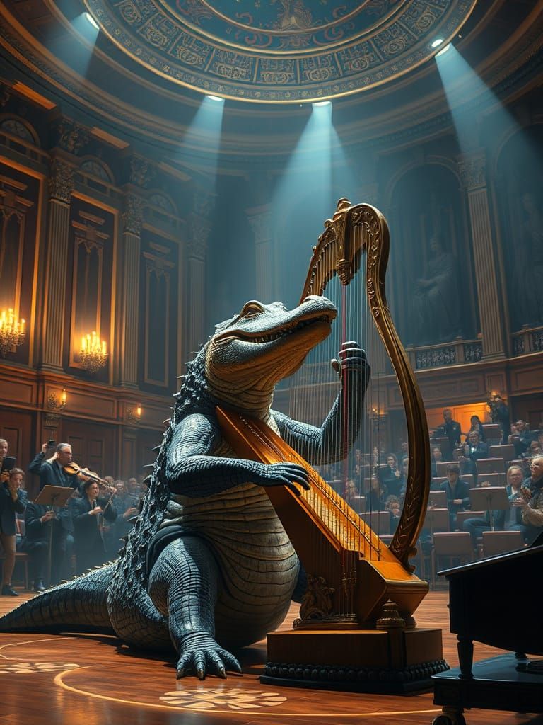 A crocodile playing a harp in a concert hall