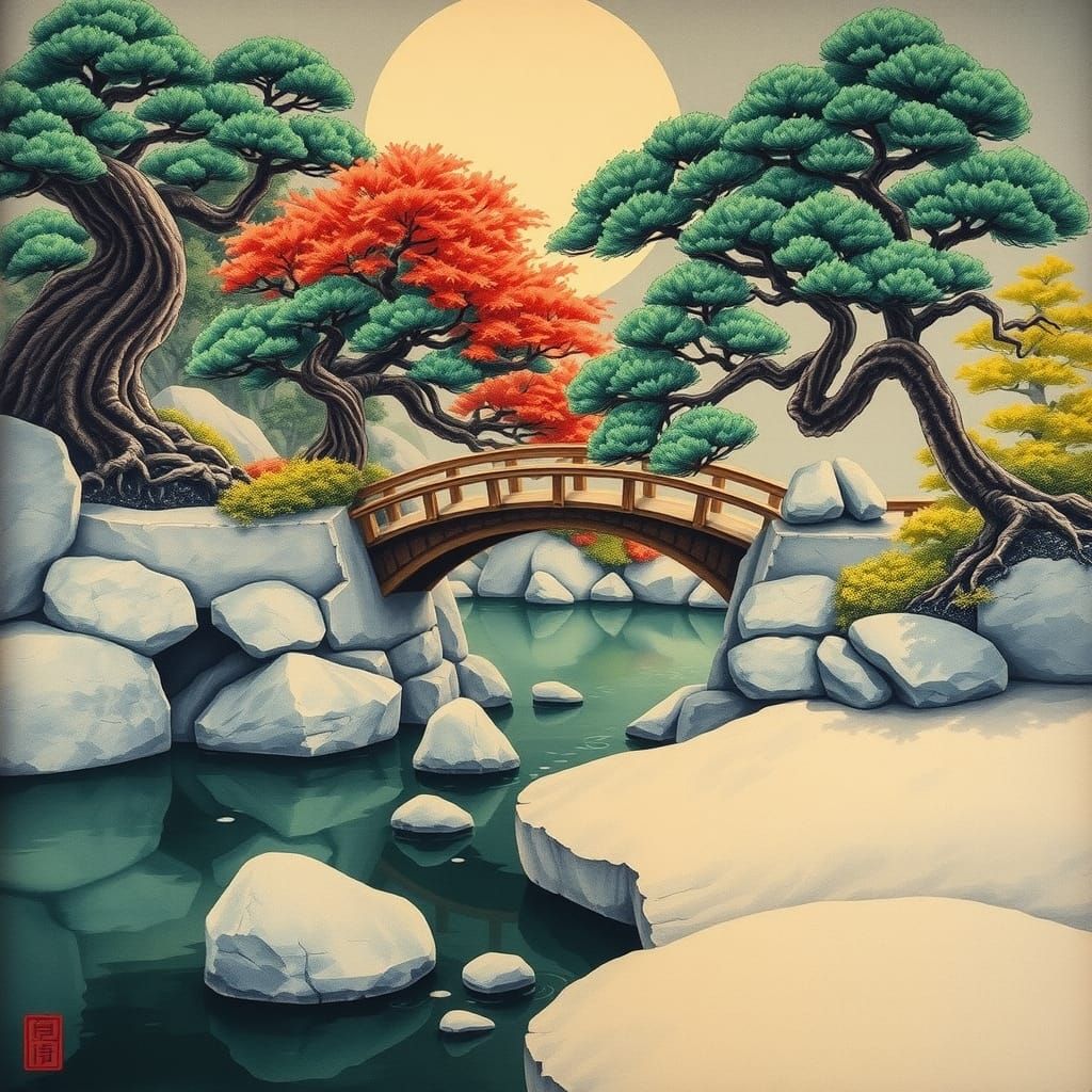 Zen Garden with Bonsai in Ukiyo-e Style