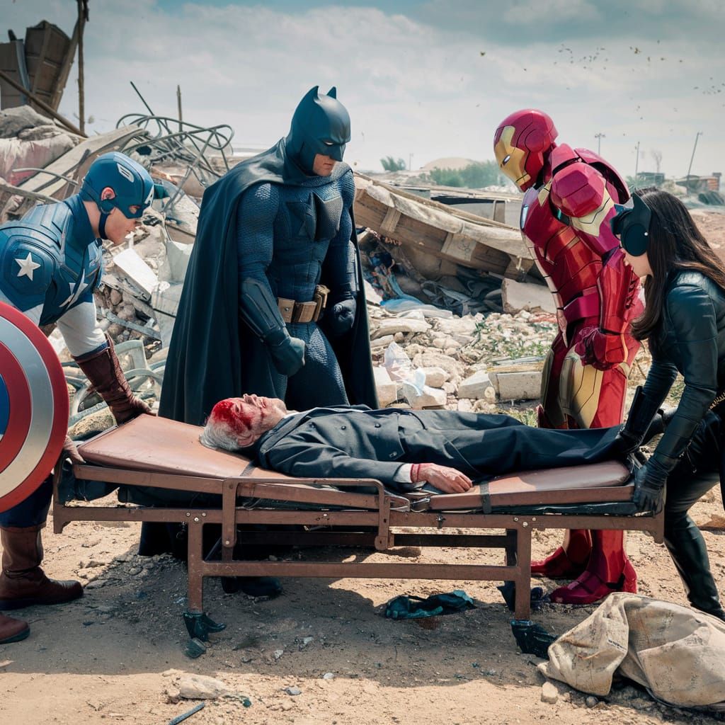Superheroes Rescue Injured Man on Battlefield