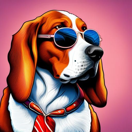 Intricate detailed Basset hound wearing sunglasses, vibrant,  hyperdetailed design,  digital realism,  8k resolution