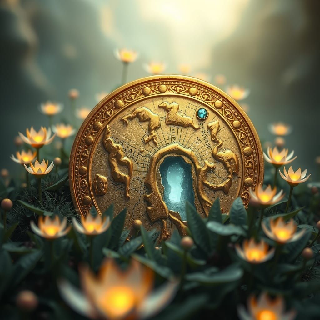 Giant Ancient Gold Coin in Alien Flora Field