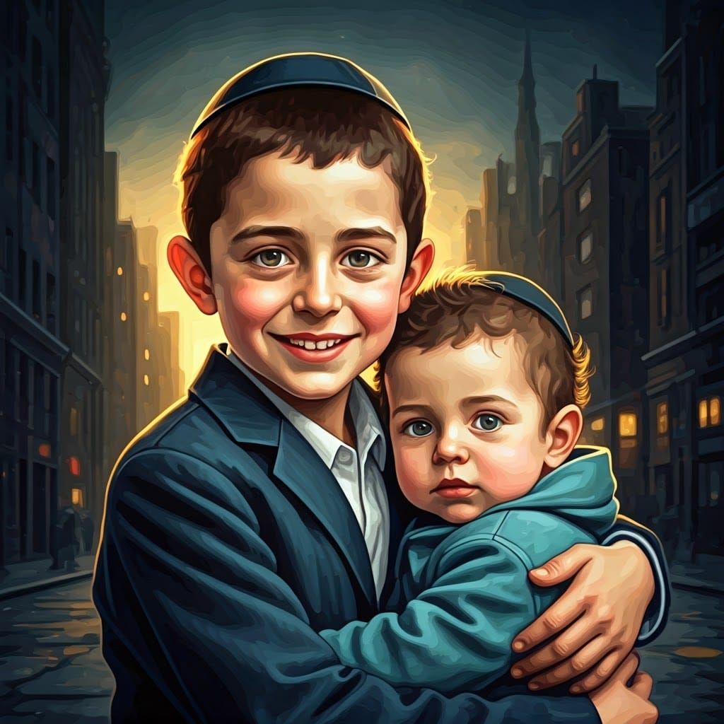 Joyful Haredi Hasidic Boy Embracing Baby Brother in Dystopia...