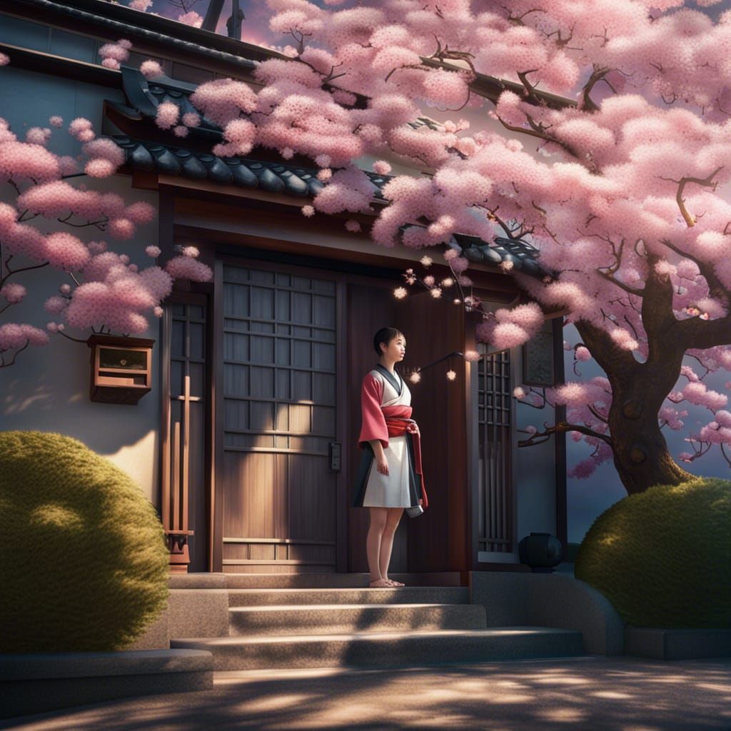 Japanese Girl in Spring Sakura Garden