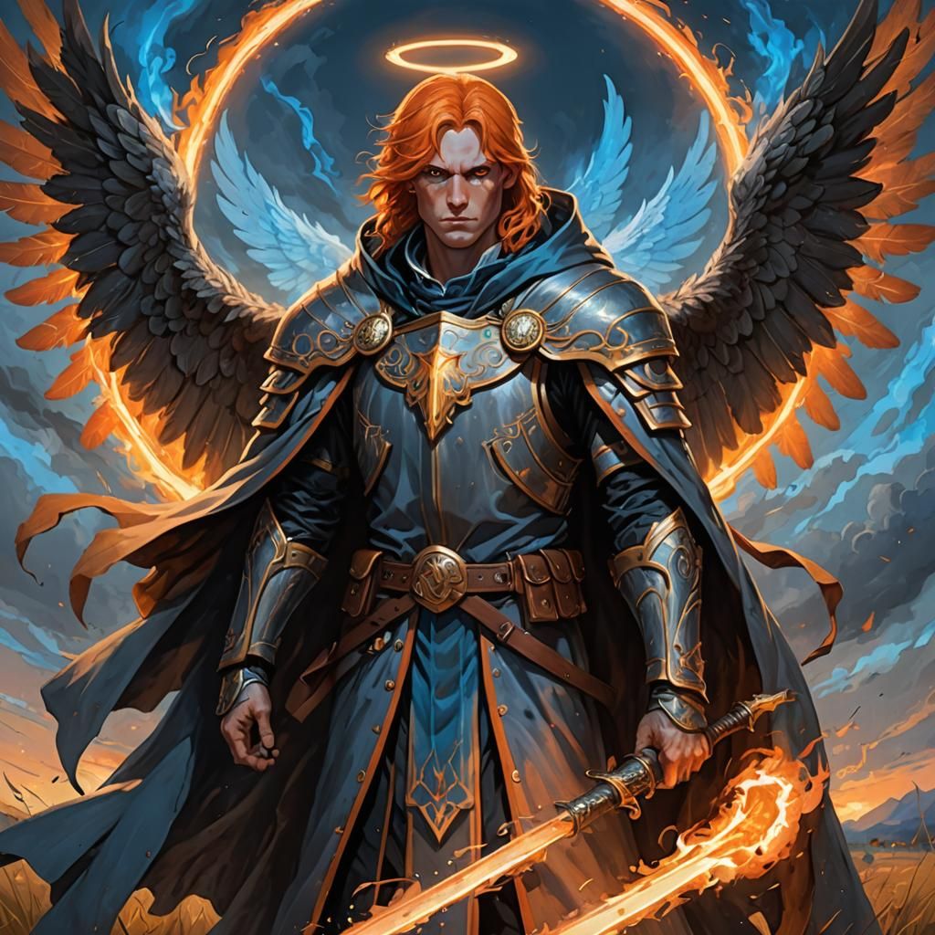 Hooded Angel with Fiery Wings in Fantasy Landscape