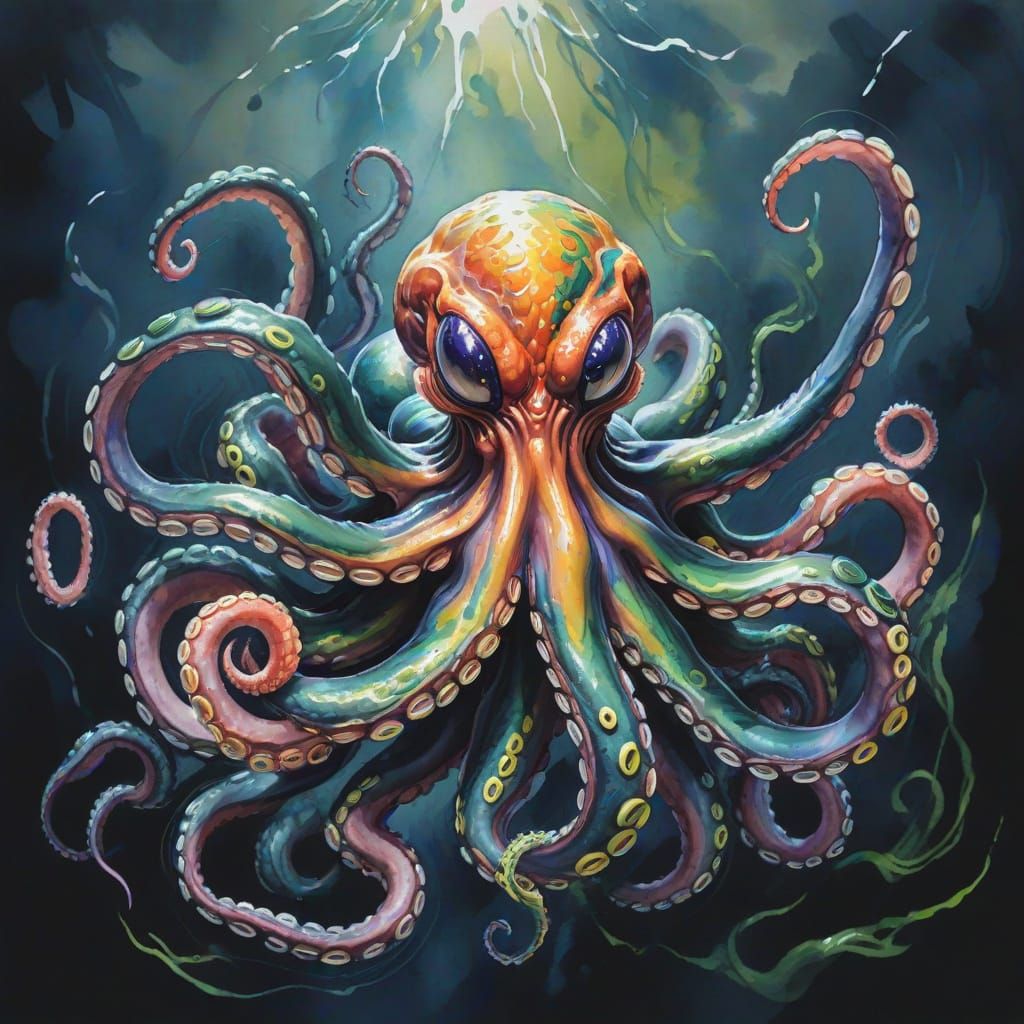 Venom Octopus Hybrid in Gouache Watercolor Style
