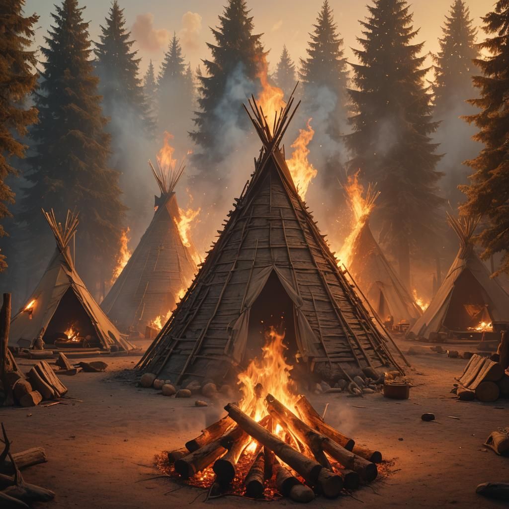 Campfire at Dusk: Wigwams in Golden Light