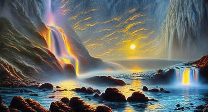 Glowing Lavafall Meets Waterfall in Digital Landscape Art