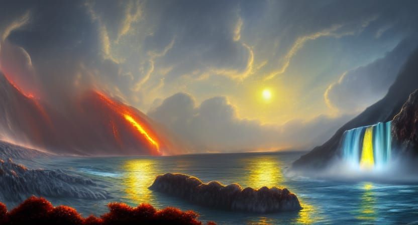 Glowing Lavafall Meets Waterfall Seascape in Digital Art