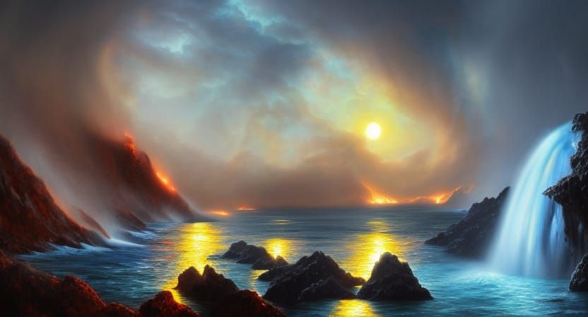 Lavafall Seascape: Glowing, Detailed Digital Landscape Art