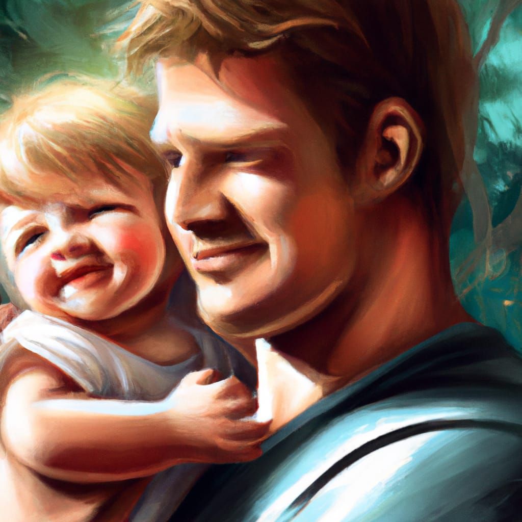 Father and Baby in Park: Photorealistic Disney-Pixar Style