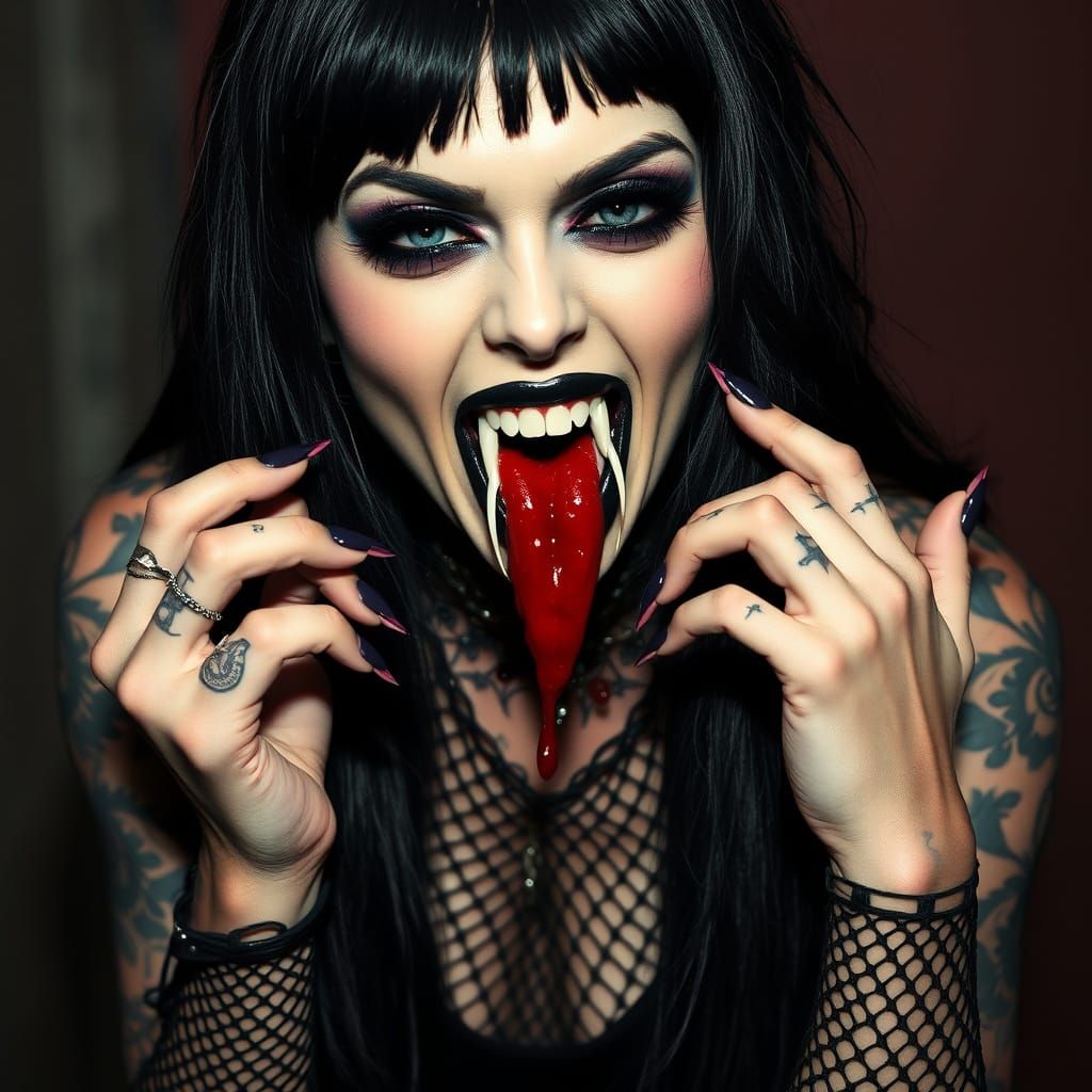 Gothic Vampire Woman with Tattoos and Fangs