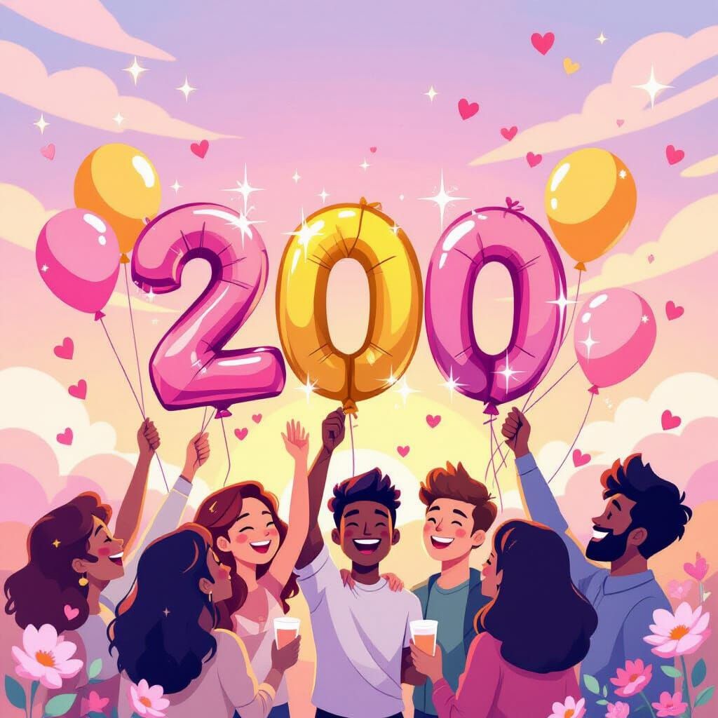Digital Art: Cheerful Crowd Celebrates 200 With Pink and Gol...