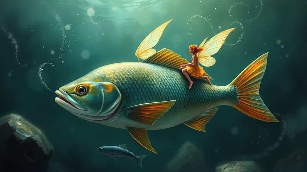 Enchanted Fairy on Fish in Dreamy Landscape
