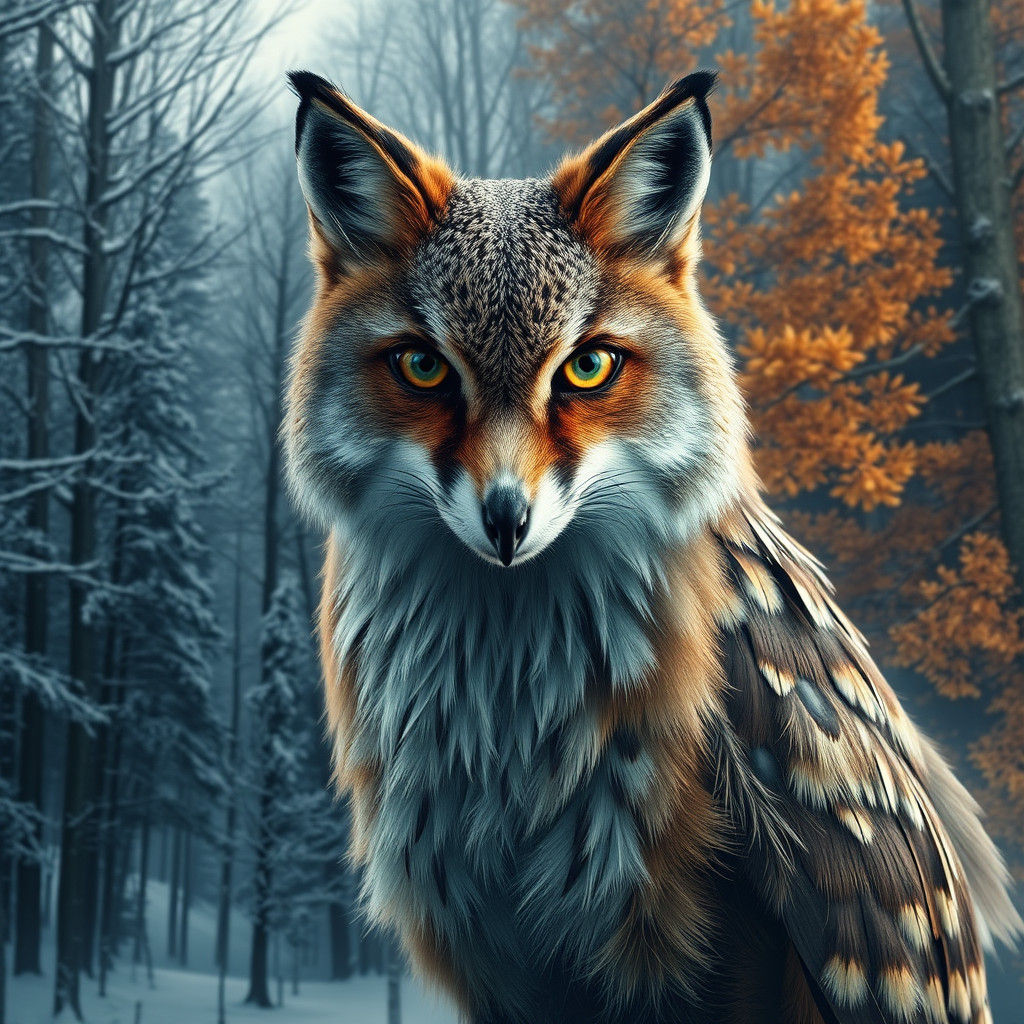 Fox-Owl Chimera in Snowy Autumnal Landscape