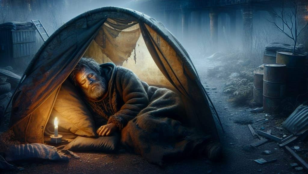 Dystopian Slumber: Homeless Man in City Tent