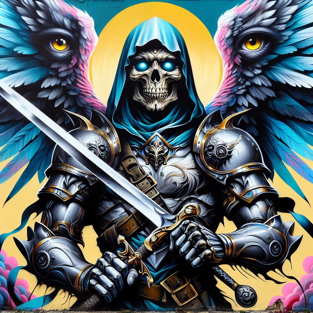Armored Angel with Skull Face in Graffiti Art Style