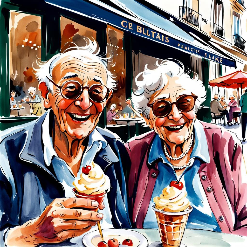 Elderly Couple Share Gelato in Paris, Quentin Blake Style