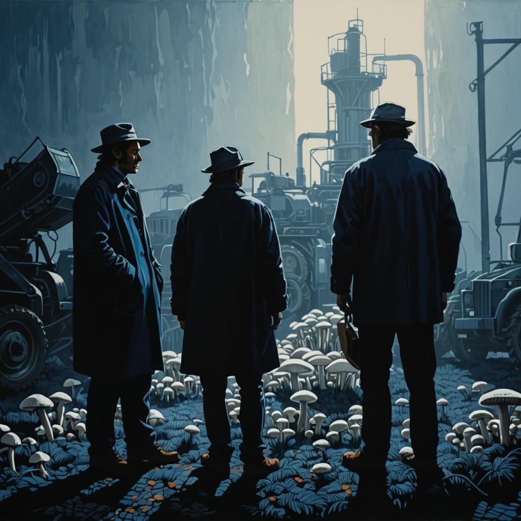 Activists Tending Mushrooms: Linocut on Canvas