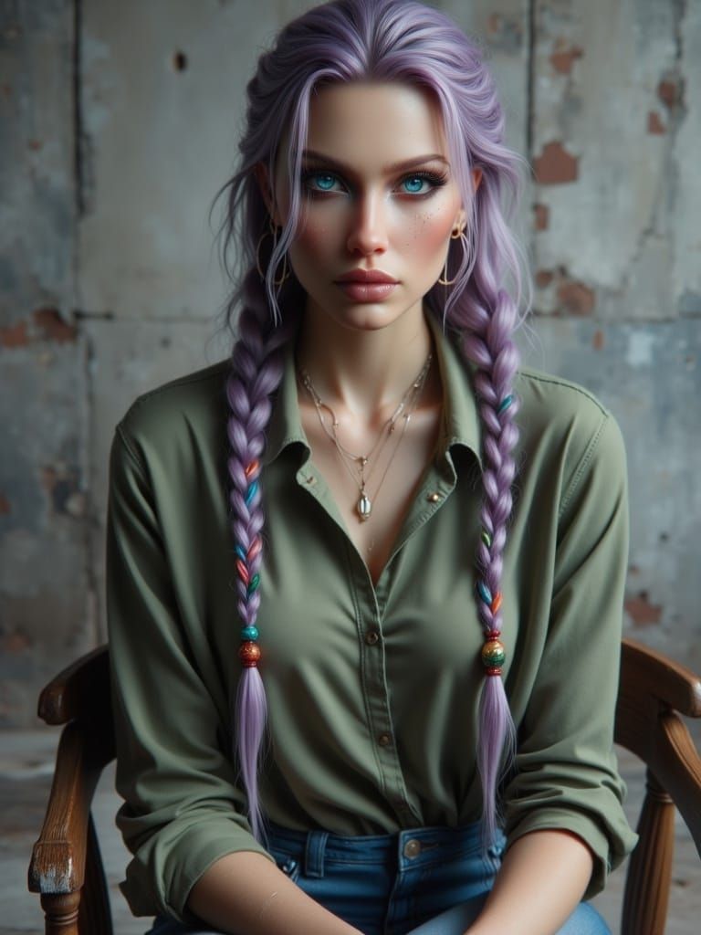 Graceful Woman with Lavender Braids in Photo Realism
