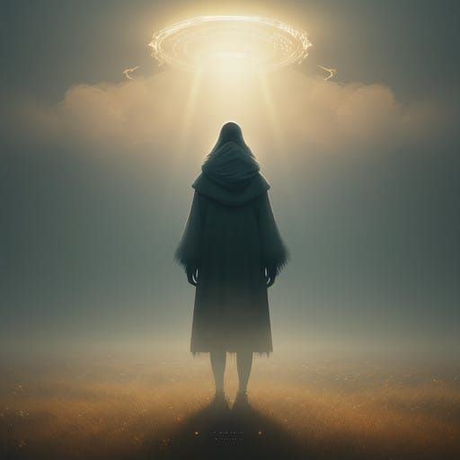 Serene Woman Emits Warm Light in Ethereal Landscape