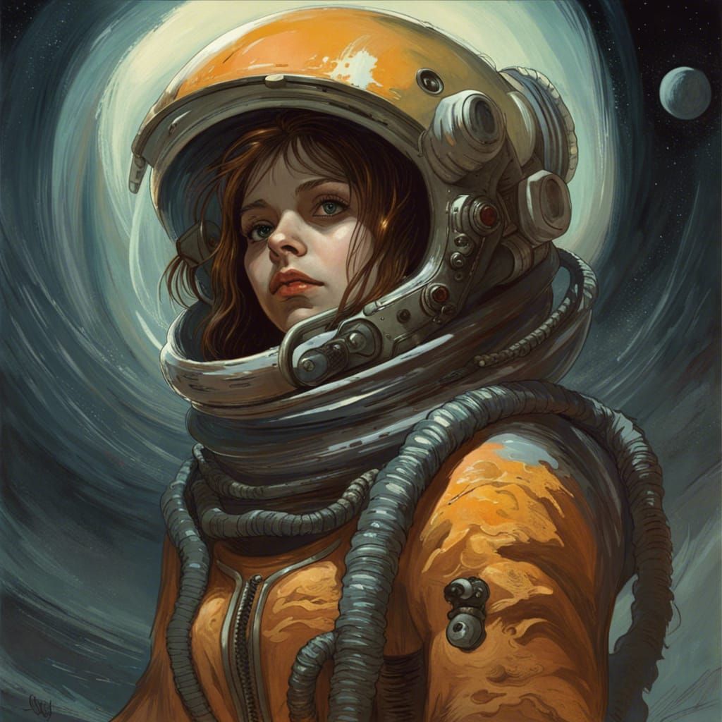 Astronaut Girl on Saturn in Gothic Horror Style