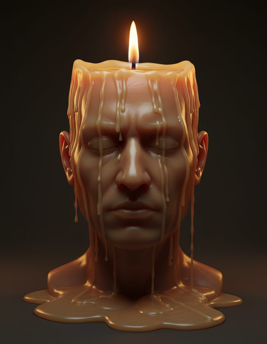 Surreal Wax Sculpture: Human Head With Flame