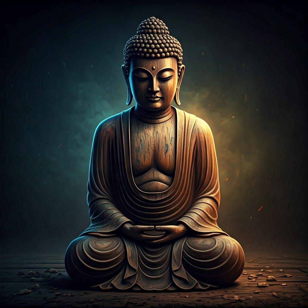 Ethereal Wooden Buddha Statue in Dramatic Lighting