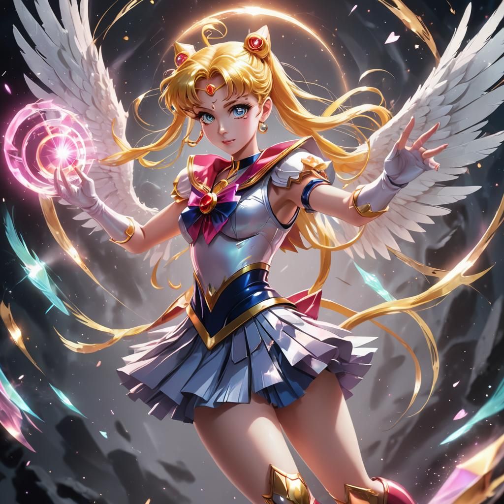 Magical Girl Casting Spell with Feather Swirls