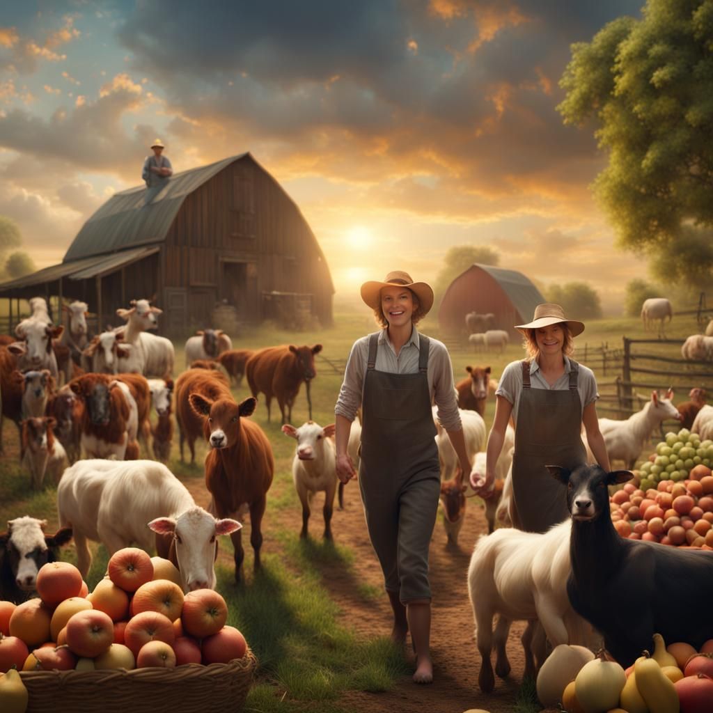 Joyful Farm Scene with Animals and Farmers