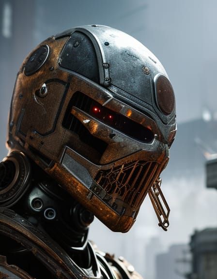 Rusty War Robot Portrait in Hyperrealistic Detail