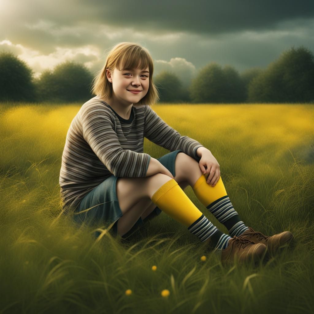 Smiling Girl with Mismatched Socks in Summer Grass