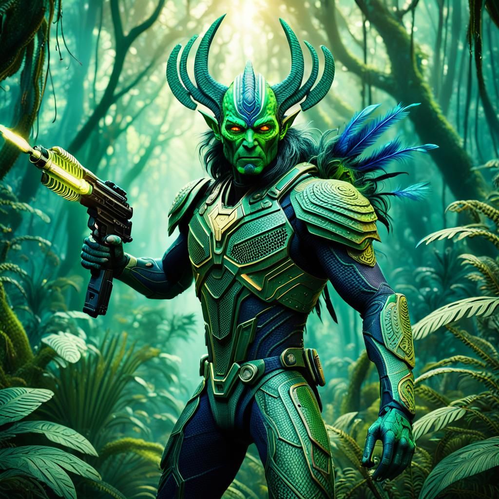 Green Vulcan Hunter in Jungle: Tribal Futurism