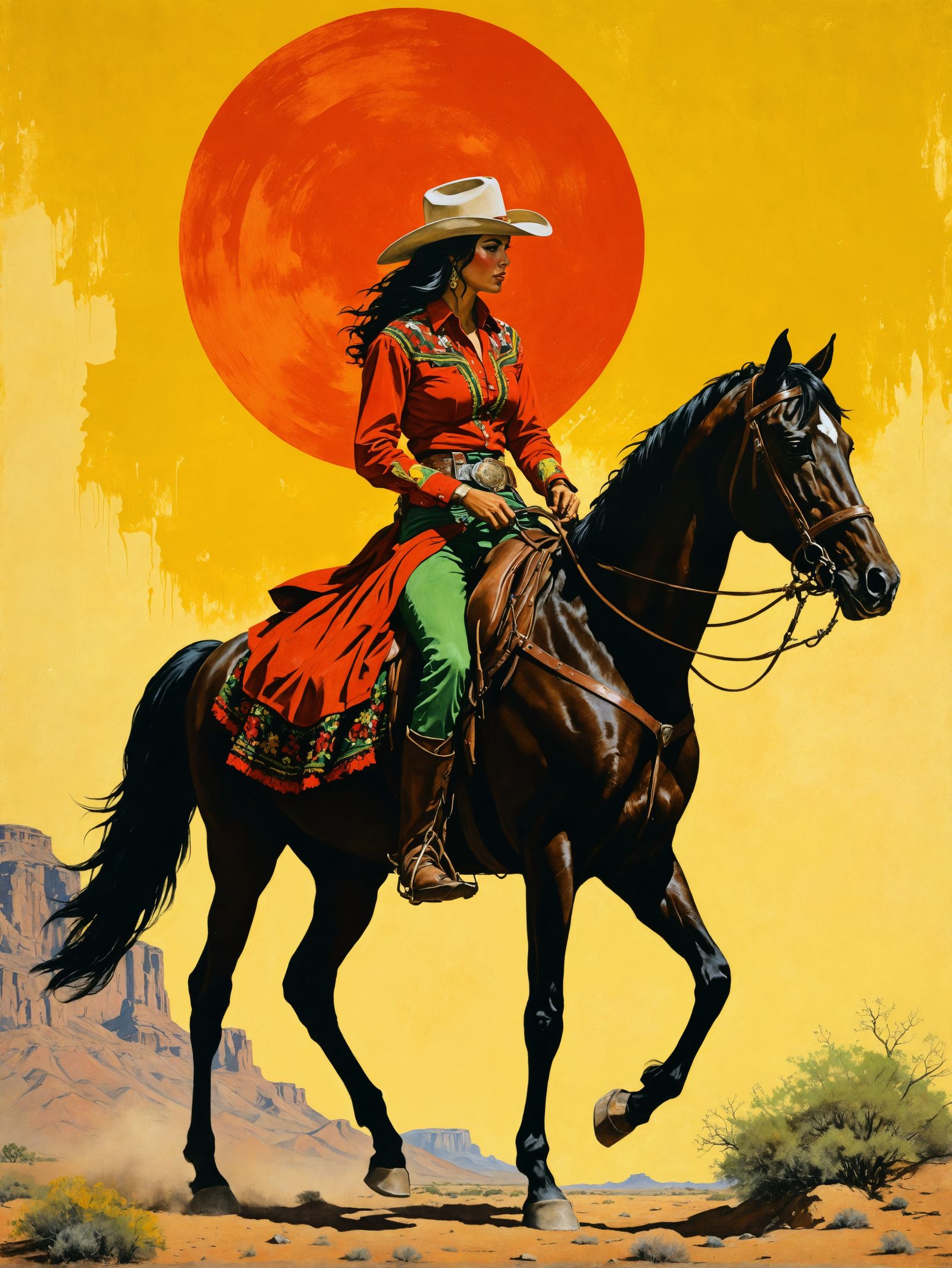 Cowboy and Senorita Ride Under Desert Sun